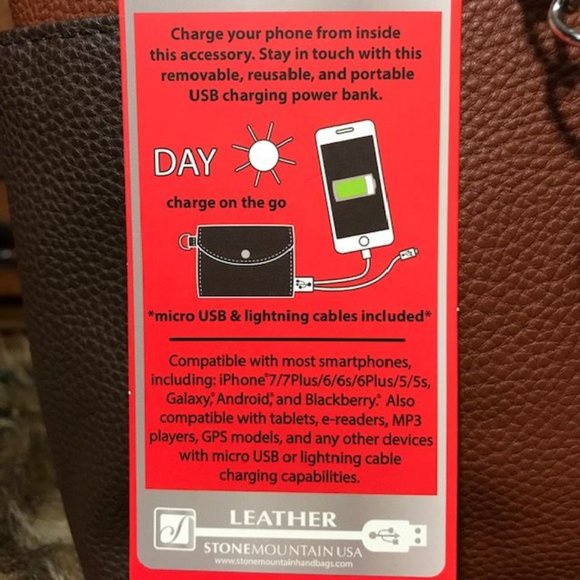 Stone Mountain Caramel Genuine Leather Tote w/Portable USB Charge Bank & Cords - Picture 11 of 13